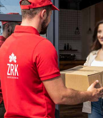 Courier delivering package to customer — business-to-consumer last-mile delivery in Toronto
