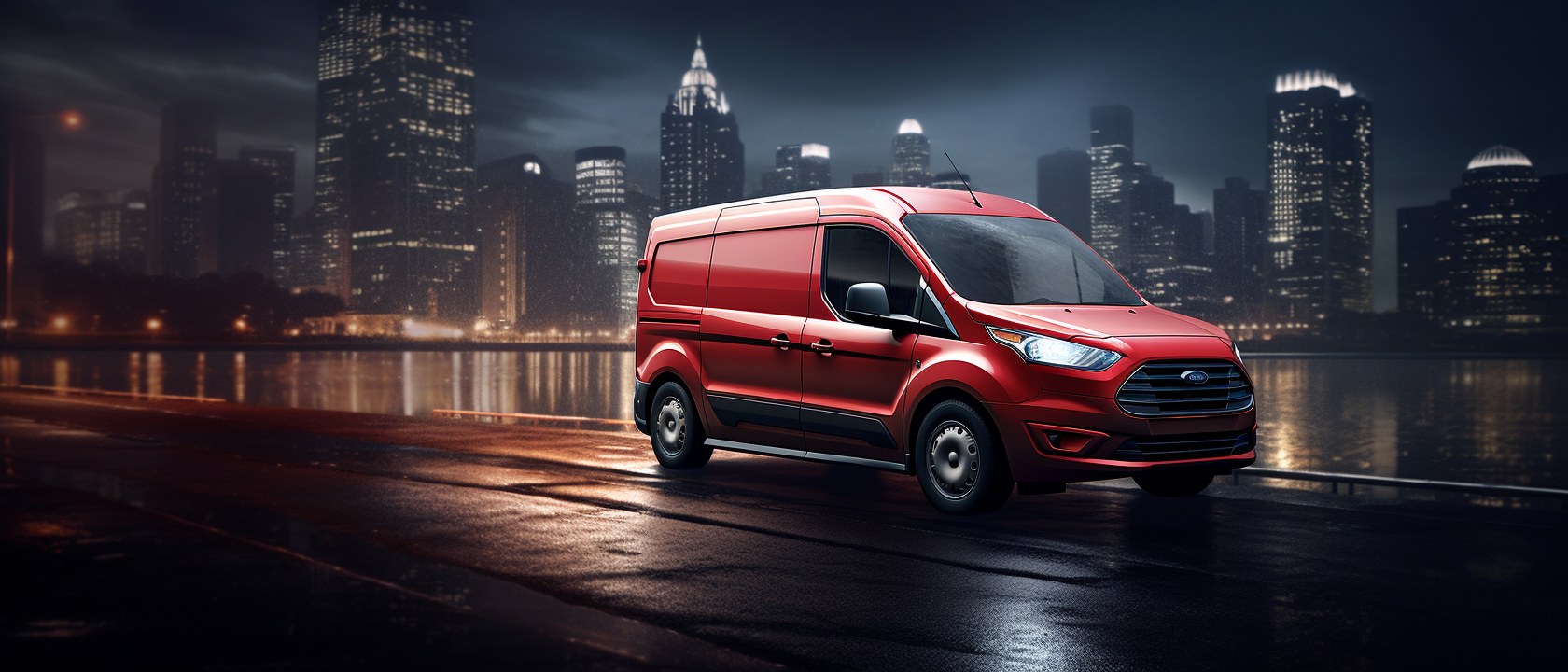 ZRK Logistics delivery van driving through Toronto with city skyline at night